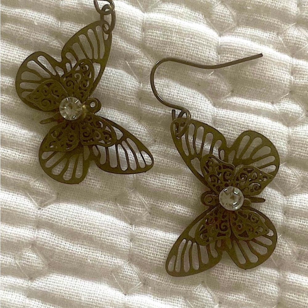 Bronze toned Boho Butterfly Dangle Pierced Hoop Earrings